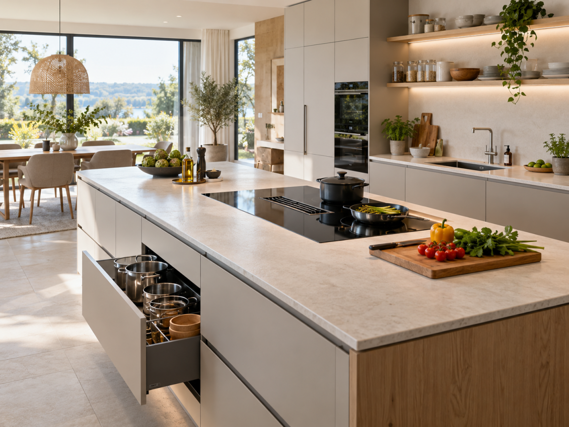 Grote moderne keuken met kookeiland, brede werkbladen en praktisch ingedeelde werkzones.