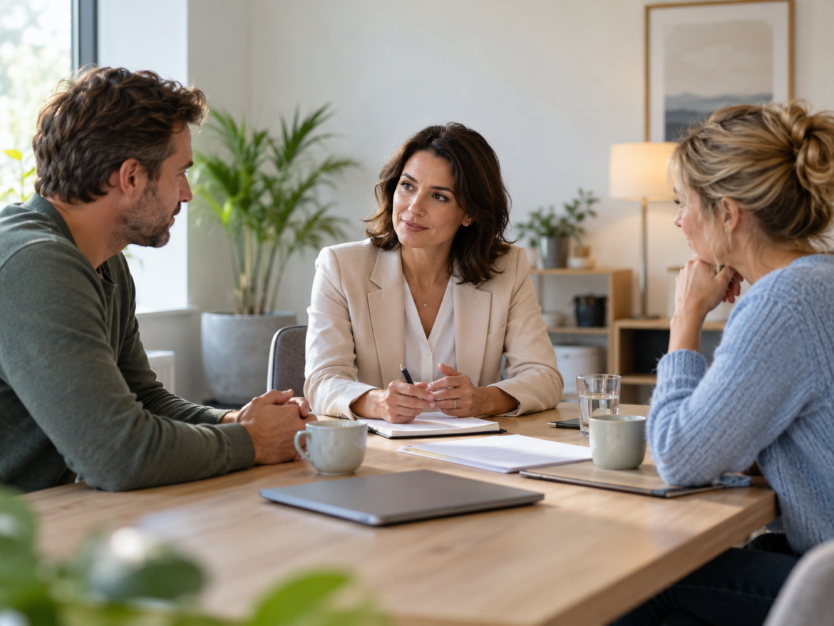 Man en vrouw in gesprek met een mediator over afspraken tijdens een scheiding.